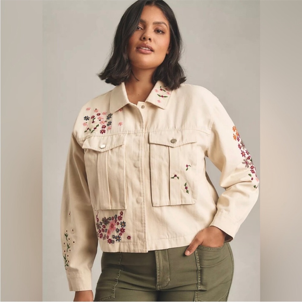 DOLAN Anthropologie Floral Embroidered cream denim jean Jacket size Large new - Picture 4 of 7